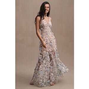 Dress The Population Sidney Deep V-Neck 3D Lace Gown Dress Blue Size XL NWT